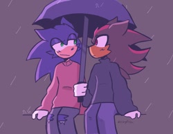 Size: 1000x774 | Tagged: safe, artist:dizzyfish777, shadow the hedgehog, sonic the hedgehog, 2024, blushing, clothes, duo, frown, gay, holding something, lidded eyes, looking at each other, outdoors, pants, purple background, rain, ripped pants, shadow x sonic, shipping, signature, simple background, sitting, smile, sweater, umbrella