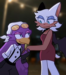 Size: 1796x2048 | Tagged: safe, artist:dizzyfish777, rouge the bat, wave the swallow, 2024, alternate outfit, blushing, clothes, dress, duo, holding hands, lesbian, looking at each other, screenshot background, shipping, signature, smile, standing, wavouge