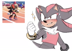 Size: 2048x1453 | Tagged: safe, artist:antosnap_, shadow the hedgehog, blushing, clenched fist, crop top, looking up, mario and sonic at the 2020 olympic games, reference inset, simple background, smile, solo, sparkles, standing, sweatdrop, white background