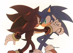 Size: 2048x1482 | Tagged: safe, artist:awhxque, shadow the hedgehog, sonic the hedgehog, 2024, duo, gay, holding hands, looking at each other, mouth open, shadow x sonic, shipping, signature, simple background, smile, standing, white background