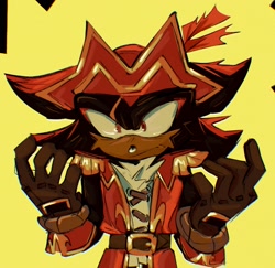 Size: 2048x1991 | Tagged: safe, artist:youhalfwit, shadow the hedgehog, 2024, frown, looking at viewer, pirate outfit, simple background, solo, standing, yellow background