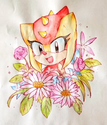 Size: 880x1024 | Tagged: safe, artist:plus2sf, trip the sungazer, 2024, flower, looking at viewer, mouth open, smile, solo, traditional media, tripabetes
