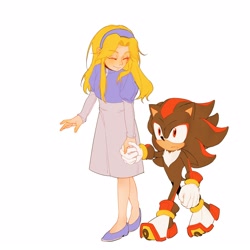 Size: 1602x1600 | Tagged: safe, artist:_chaosmurder_, maria robotnik, shadow the hedgehog, human, 2024, duo, eyes closed, frown, holding hands, looking ahead, simple background, smile, walking, white background