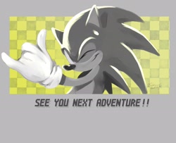 Size: 2048x1659 | Tagged: safe, artist:xiiasus, sonic the hedgehog, 2024, abstract background, devil horns (gesture), english text, greyscale, looking at viewer, monochrome, smile, solo, wink