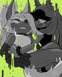 Size: 1120x1400 | Tagged: safe, artist:maskofnova, surge the tenrec, whisper the wolf, 2024, clenched teeth, duo, eyes closed, frown, green background, greyscale, holding them, lesbian, looking at them, monochrome, shipping, signature, simple background, smile, sweatdrop, whisper x surge