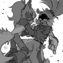 Size: 481x478 | Tagged: source needed, safe, artist:maskofnova, surge the tenrec, whisper the wolf, 2024, badnik, bleeding, blood, claws, clenched teeth, duo, eyes closed, greyscale, holding each other, injured, lesbian, licking lips, monochrome, nosebleed, shipping, signature, simple background, smile, standing, sweatdrop, whisper x surge, white background