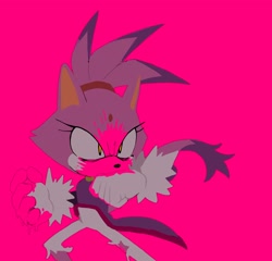 Size: 2048x1970 | Tagged: safe, artist:irregularcloudi, blaze the cat, 2024, blood, blood stain, clenched fist, looking offscreen, pink background, pink blood, simple background, solo