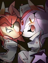Size: 2391x3076 | Tagged: safe, artist:legochet, amy rose, blaze the cat, cat, hedgehog, 2024, amy x blaze, blushing, clenched teeth, female, females only, lesbian, mouth open, nurse outfit, one eye closed, shipping