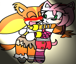 Size: 6478x5512 | Tagged: safe, artist:peachthehedgehog, amy rose, sticks the badger, 2014, blushing, cute, eyes closed, hugging, lesbian, looking at them, ms paint, shipping, smile, sonic boom (tv), standing, sticksamy