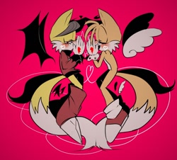Size: 1010x913 | Tagged: safe, artist:peachthehedgehog, miles "tails" prower, miles (anti-mobius), 2014, angel, angel wings, blushing, devil wings, duo, evil vs good, eyes closed, heart, lidded eyes, mouth open, pink background, self paradox, simple background, smile, wings