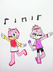 Size: 1280x1725 | Tagged: safe, artist:sonicking2988, amy rose, blaze the cat, cat, hedgehog, 2023, alternate version, amy x blaze, female, females only, gymnastic outfit, lesbian, mario & sonic at the olympic games, musical notes, one eye closed, shipping, traditional media