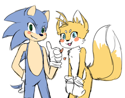 Size: 1280x1011 | Tagged: safe, artist:uteros, miles "tails" prower, sonic the hedgehog, blushing, cute, duo, gay, heart, looking at viewer, shipping, simple background, smile, sonic x tails, standing, thumbs up, white background