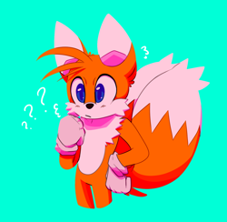 Size: 1280x1250 | Tagged: safe, artist:uteros, miles "tails" prower, frown, hand on hip, looking ahead, looking offscreen, question mark, simple background, solo, standing, turquoise background