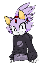 Size: 1129x1601 | Tagged: safe, artist:uteros, blaze the cat, :<, alternate outfit, clothes, cute, frown, hoodie, looking at viewer, pants, simple background, solo, standing, transparent background