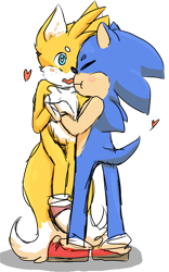 Size: 1201x1920 | Tagged: safe, artist:uteros, miles "tails" prower, sonic the hedgehog, blushing, duo, eyes closed, freckles, gay, heart, heart eyes, holding hands, mouth open, shipping, simple background, sonic x tails, standing, transparent background