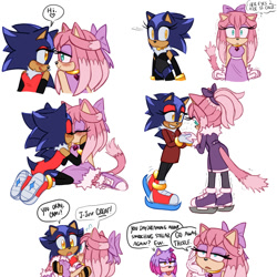 Size: 2000x2000 | Tagged: safe, artist:emthimofnight, oc, oc:camellia the cat, oc:stellar the hedgehog, oc:thistle the hedgehog, cat, hedgehog, 2024, blushing, carrying them, cute, duo focus, english text, fankid, heart, holding each other, holding hands, kiss, lesbian, looking at each other, magical lesbian spawn, oc x oc, parent:amy, parent:blaze, parent:shadow, parent:sonic, parents:blazamy, parents:sonadow, shipping, simple background, speech bubble, thought bubble, trio, white background