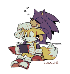 Size: 785x836 | Tagged: safe, artist:calista-222, miles "tails" prower, sonic the hedgehog, bandage, bandaid, duo, eyes closed, holding something, leaning on them, looking at something, nintendo switch, signature, simple background, sitting, sleeping, smile, white background, zzz