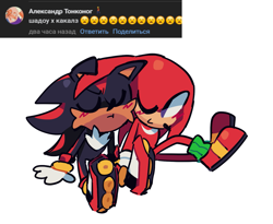 Size: 1565x1284 | Tagged: safe, artist:olivashko, knuckles the echidna, shadow the hedgehog, blushing, cute, duo, eyes closed, frown, gay, holding hands, knucklebetes, knuxadow, looking at them, one eye closed, reference inset, shadowbetes, shipping, simple background, sitting, smile, white background