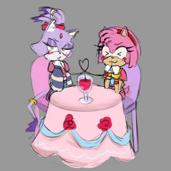 Size: 1000x1000 | Tagged: safe, artist:wikihowhowtoexist, amy rose, blaze the cat, cat, hedgehog, 2024, amy x blaze, cute, drinking, eyes closed, female, females only, lesbian, looking at viewer, shipping, straw