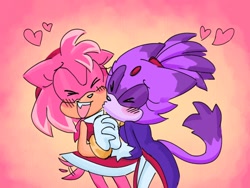 Size: 1024x768 | Tagged: safe, artist:luminous3190, amy rose, blaze the cat, cat, hedgehog, 2024, amy x blaze, amy's halterneck dress, blaze's tailcoat, cute, eyes closed, female, females only, hearts, kiss on cheek, lesbian, mouth open, shipping