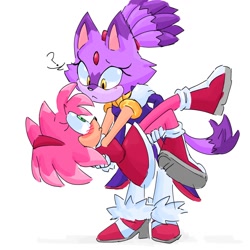 Size: 1280x1280 | Tagged: safe, artist:luminous3190, amy rose, blaze the cat, cat, hedgehog, 2024, amy x blaze, amy's halterneck dress, blaze's tailcoat, carrying them, cute, female, females only, lesbian, looking at each other, question mark, shipping