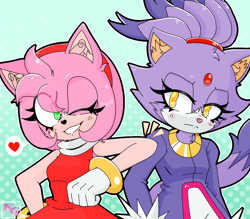 Size: 800x700 | Tagged: safe, artist:pasteltwilight, amy rose, blaze the cat, cat, hedgehog, 2020, amy x blaze, amy's halterneck dress, blaze's tailcoat, female, females only, heart, lesbian, looking at them, one eye closed, shipping