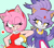 Size: 800x700 | Tagged: safe, artist:pasteltwilight, amy rose, blaze the cat, cat, hedgehog, 2020, amy x blaze, amy's halterneck dress, blaze's tailcoat, blushing, clothes, dress, female, females only, heart, lesbian, looking at them, one eye closed, shipping