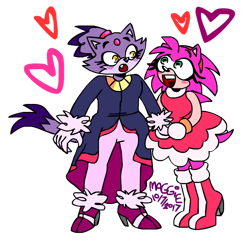 Size: 1024x1039 | Tagged: safe, artist:mushroom-cookie-bear, amy rose, blaze the cat, cat, hedgehog, 2017, amy x blaze, amy's halterneck dress, blaze's tailcoat, cute, female, females only, hearts, lesbian, looking at each other, mouth open, shipping