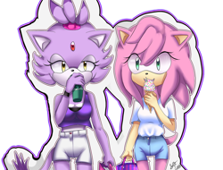 Size: 800x608 | Tagged: safe, artist:pan-cakuu, amy rose, blaze the cat, cat, hedgehog, 2015, amy x blaze, bag, cute, drinking, female, females only, ice cream, lesbian, looking at them, shipping