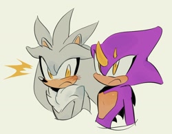 Size: 1430x1107 | Tagged: safe, artist:lemon_child4, espio the chameleon, silver the hedgehog, 2024, blushing, bust, duo, frown, gay, grey background, looking at them, looking offscreen, shipping, silvio, simple background