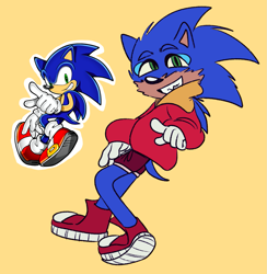 Size: 1445x1478 | Tagged: safe, artist:riotzerosys, sonic the hedgehog, 2024, alternate outfit, clothes, flat colors, hoodie, looking at viewer, posing, redraw, reference inset, shorts, simple background, smile, solo, trans male, transgender, yellow background
