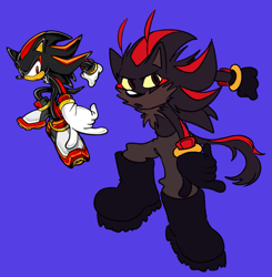Size: 1493x1521 | Tagged: safe, artist:riotzerosys, shadow the hedgehog, 2024, agender, antenna, black gloves, boots, clothes, flat colors, frown, looking at viewer, pants, posing, purple background, redraw, reference inset, simple background, solo, yellow sclera
