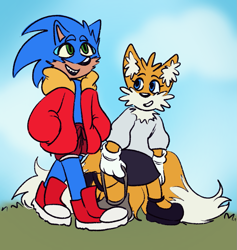 Size: 1125x1186 | Tagged: safe, artist:riotzerosys, miles "tails" prower, sonic the hedgehog, 2024, alternate outfit, bag, boots, clothes, clouds, daytime, duo, flat colors, grass, holding something, jacket, looking ahead, looking at them, mary janes (shoes), outdoors, shorts, skirt, smile, sweater, trans female, trans male, transgender, walking