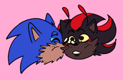 Size: 1017x658 | Tagged: safe, artist:riotzerosys, shadow the hedgehog, sonic the hedgehog, 2024, agender, duo, eyes closed, flat colors, gay, head only, kiss on cheek, mouth open, pink background, shadow x sonic, shipping, simple background, trans male, transgender, yellow sclera