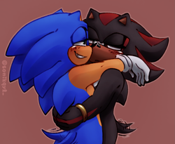 Size: 1747x1431 | Tagged: safe, artist:sonikqyl, shadow the hedgehog, sonic the hedgehog, blushing, duo, gay, hugging, lidded eyes, looking at each other, outline, shadow x sonic, shipping, signature, simple background, standing, wagging tail