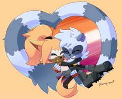 Size: 2048x1661 | Tagged: safe, artist:amipiyoart, tangle the lemur, whisper the wolf, 2024, carrying them, cute, duo, eyes closed, heart tail, lesbian, lesbian pride, lesbian visibility week, pride, pride flag, redraw, shipping, signature, simple background, smile, standing, tangabetes, tangle x whisper, whispabetes
