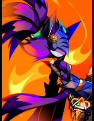 Size: 800x1024 | Tagged: safe, artist:kuroiyuki96, blaze the cat, sonic and the black knight, 2024, flame, frown, gradient background, knight armor, sir percival, solo, standing, sword