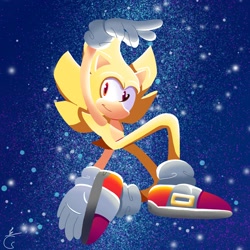 Size: 2000x2000 | Tagged: safe, artist:hamsandwich368, sonic the hedgehog, super sonic, 2024, abstract background, posing, signature, smile, solo, star (sky), super form