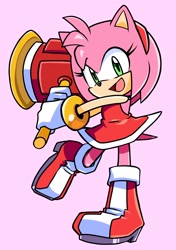 Size: 1444x2048 | Tagged: safe, artist:randomguy9991, amy rose, 2024, cute, holding something, looking at viewer, mouth open, piko piko hammer, pink background, simple background, smile, solo, standing on one leg