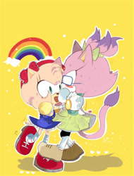 Size: 800x1053 | Tagged: safe, artist:aoii91, amy rose, blaze the cat, cat, hedgehog, 2017, amy x blaze, cute, female, females only, glasses, hugging, lesbian, mouth open, rainbow, shipping