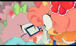 Size: 600x366 | Tagged: safe, artist:aoii91, amy rose, blaze the cat, cat, hedgehog, 2016, adjusting glasses, amy x blaze, blushing, female, females only, glasses, lesbian, looking at each other, mouth open, shipping