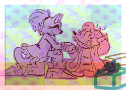 Size: 700x500 | Tagged: safe, artist:metallicmadness, amy rose, blaze the cat, 2017, abstract background, amy x blaze, blushing, duo, eyes closed, holding hands, lesbian, looking at them, shipping, smile