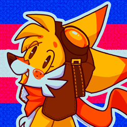 Size: 1280x1280 | Tagged: safe, artist:creature-machine, miles "tails" prower, blushing, eye clipping through hair, eyebrow clipping through hair, freckles, goggles, icon, looking at viewer, mouth open, one fang, outline, pilot hat, pride, pride flag, pride flag background, scarf, smile, solo, trans male, trans pride, transgender