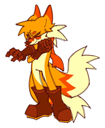 Size: 700x850 | Tagged: safe, artist:son1c, miles "tails" prower, blushing, boots, brown gloves, brown shoes, eye clipping through hair, eyebrow clipping through hair, eyes closed, floppy ears, freckles, scarf, simple background, solo, standing, stretching, transparent background