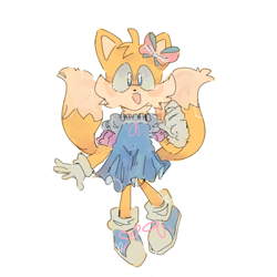 Size: 1280x1280 | Tagged: safe, artist:s1llycilantro, miles "tails" prower, blue shoes, blushing, bow, clothes, cute, dress, mouth open, one fang, simple background, smile, solo, tailabetes, trans female, transgender, white background