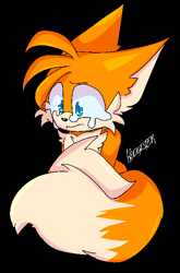 Size: 454x688 | Tagged: safe, artist:hedgester, miles "tails" prower, black background, crying, ear fluff, floppy ears, frown, looking offscreen, sad, signature, simple background, solo, tears, tears of sadness