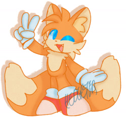 Size: 1855x1829 | Tagged: safe, artist:hedgester, miles "tails" prower, chibi, cute, looking at viewer, mouth open, one fang, signature, smile, solo, tailabetes, v sign, wink
