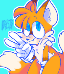 Size: 1300x1500 | Tagged: safe, artist:hedgester, miles "tails" prower, blue background, cute, looking at viewer, one fang, outline, signature, simple background, smile, solo, standing, v sign