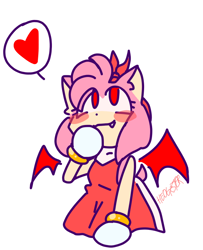 Size: 610x750 | Tagged: safe, artist:hedgester, amy rose, amybetes, blushing, cute, flat colors, heart, looking up, one fang, red eyes, signature, simple background, smile, solo, standing, vampire, webbed wings, white background, wings