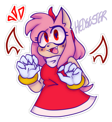 Size: 1141x1244 | Tagged: safe, artist:hedgester, amy rose, blushing, claws, cute, eye clipping through hair, fangs, heart eyes, mouth open, outline, red eyes, signature, simple background, smile, solo, transparent background, vampire, wings